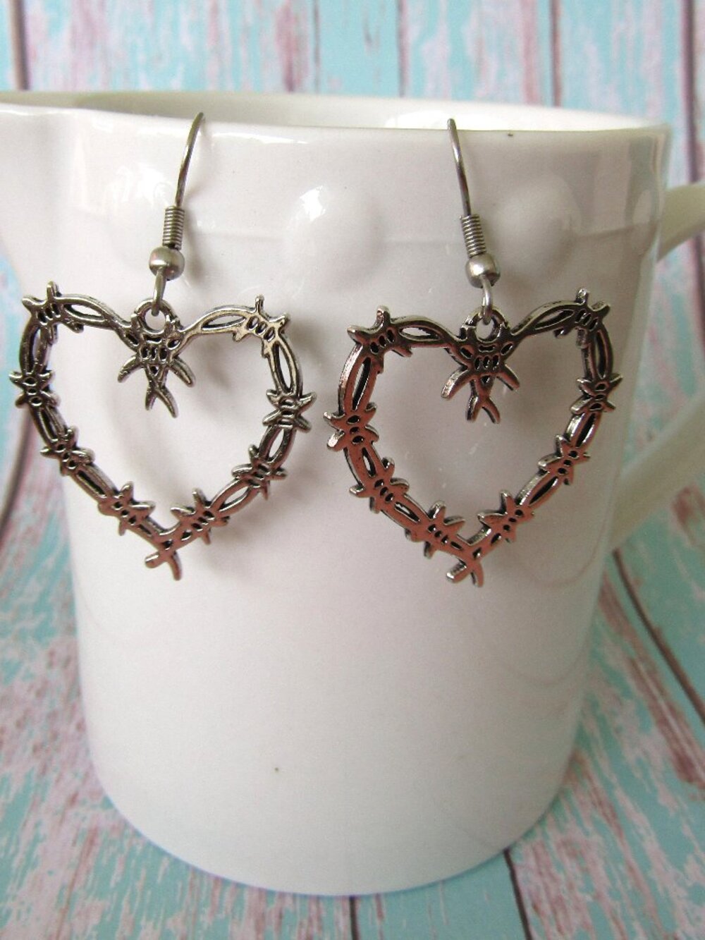 Large Barbed Wire Heart Charm Harley Girl Dangle Silverplate Earrings